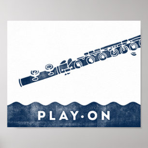 Flute Music Poster Blue White Play On Art Print