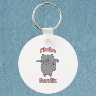 Flute Playing Gray Cat Funny Musician Key Ring