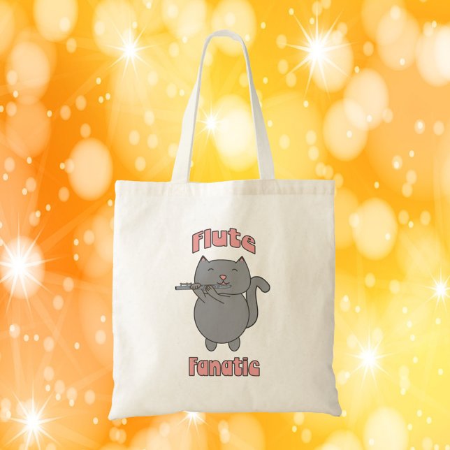 Flute-Playing Grey Cat – Funny Musician Gift  Tote Bag (A tote bag with a cute flute playing gray cat and the words Flute Fanatic in pink.)