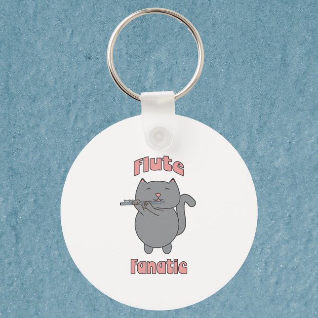 Flute Playing Grey Cat Funny Musician Key Ring (A key chain featuring a flute playing gray cat with the words flute fanatic in pink.)