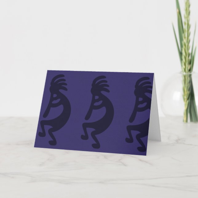 Flute Playing Kokopelli Figure - Black on Blue Card (Front)