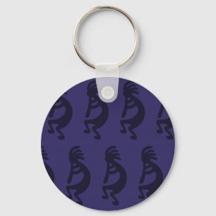 Flute Playing Kokopelli Figure - Black on Blue Key Ring