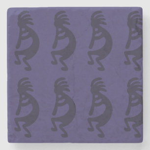 Flute Playing Kokopelli Figure - Black on Blue Stone Coaster