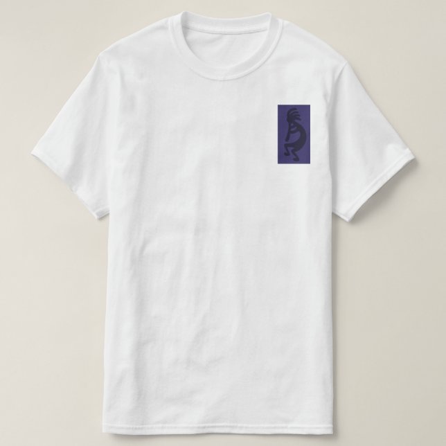 Flute Playing Kokopelli Figure - Black on Blue T-Shirt (Design Front)
