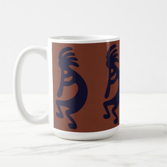 Flute Playing Kokopelli Figure, Black on Rust Red Coffee Mug (Left)