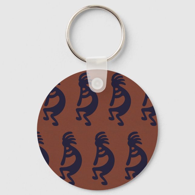 Flute Playing Kokopelli Figure, Black on Rust Red Key Ring (Front)