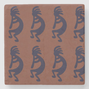 Flute Playing Kokopelli Figure, Black on Rust Red Stone Coaster