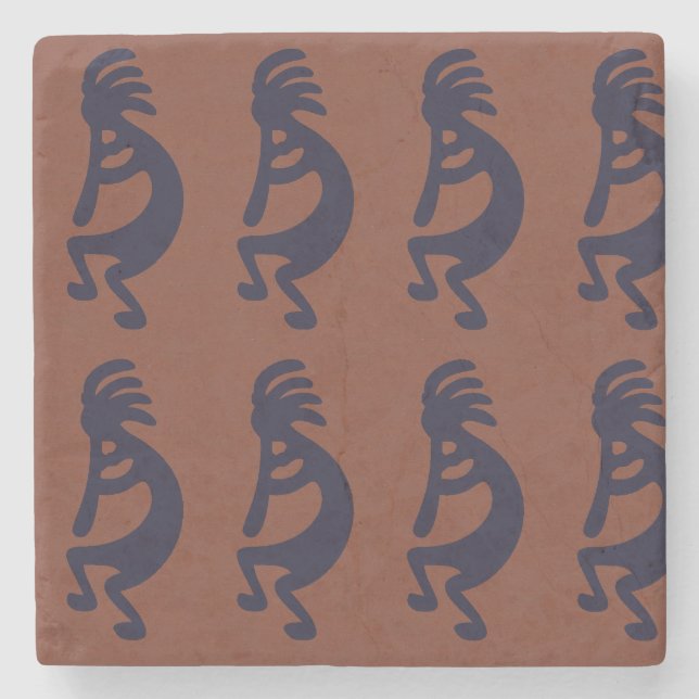 Flute Playing Kokopelli Figure, Black on Rust Red Stone Coaster (Front)