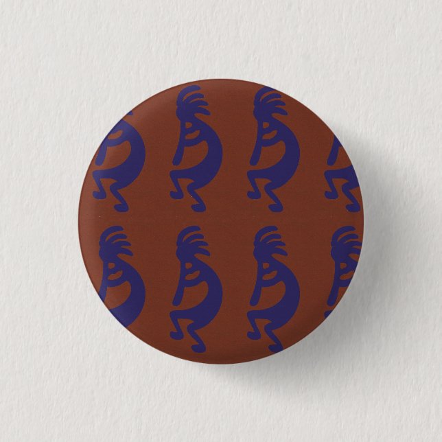 Flute Playing Kokopelli Figure - Blue on Rust Red  3 Cm Round Badge (Front)