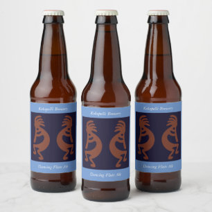 Flute Playing Kokopelli Figure - Blue on Rust Red Beer Bottle Label