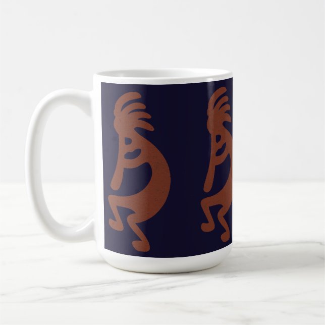 Flute Playing Kokopelli Figure - Blue on Rust Red  Coffee Mug (Left)