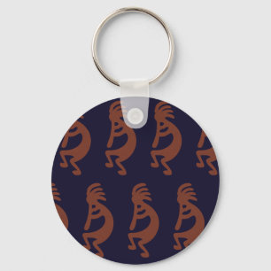 Flute Playing Kokopelli Figure - Blue on Rust Red Key Ring