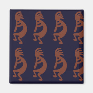 Flute Playing Kokopelli Figure - Blue on Rust Red Magnet