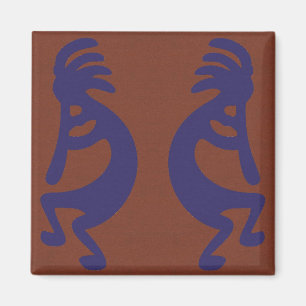 Flute Playing Kokopelli Figure - Blue on Rust Red Magnet