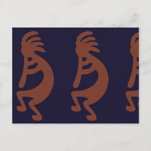 Flute Playing Kokopelli Figure - Blue on Rust Red  Postcard