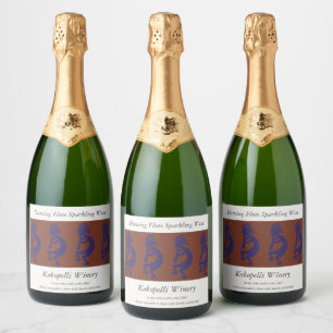 Flute Playing Kokopelli Figure - Blue on Rust Red  Sparkling Wine Label