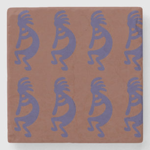Flute Playing Kokopelli Figure - Blue on Rust Red  Stone Coaster