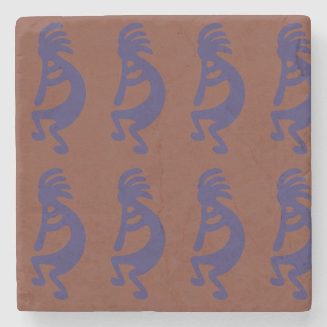 Flute Playing Kokopelli Figure - Blue on Rust Red  Stone Coaster (Front)