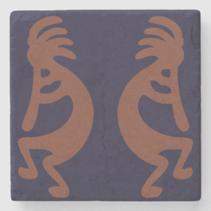 Flute Playing Kokopelli Figure - Blue on Rust Red Stone Coaster