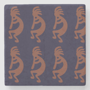 Flute Playing Kokopelli Figure - Blue on Rust Red Stone Coaster