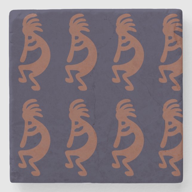 Flute Playing Kokopelli Figure - Blue on Rust Red  Stone Coaster (Front)