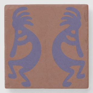 Flute Playing Kokopelli Figure - Blue on Rust Red Stone Coaster