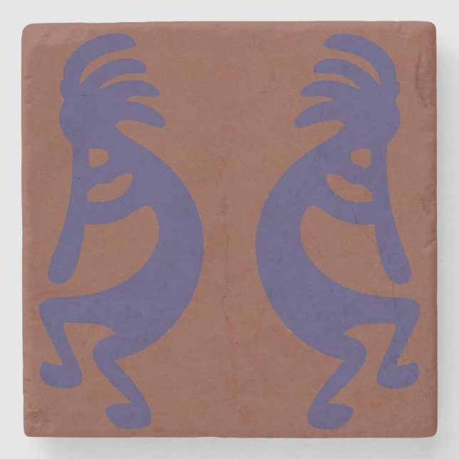 Flute Playing Kokopelli Figure - Blue on Rust Red  Stone Coaster (Front)