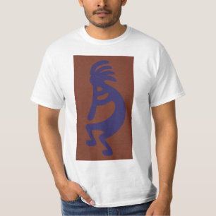 Flute Playing Kokopelli Figure - Blue on Rust Red  T-Shirt