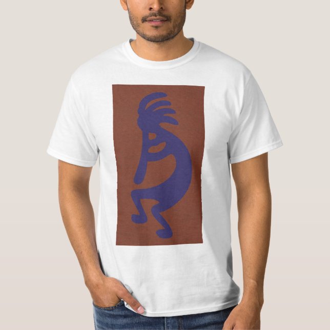Flute Playing Kokopelli Figure - Blue on Rust Red  T-Shirt (Front)