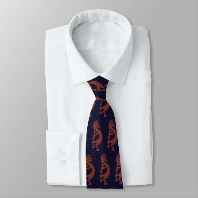 Flute Playing Kokopelli Figure - Blue on Rust Red  Tie (Tied)