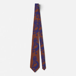 Flute Playing Kokopelli Figure - Blue on Rust Red  Tie