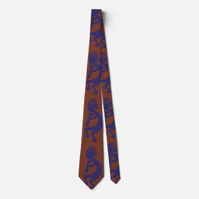 Flute Playing Kokopelli Figure - Blue on Rust Red  Tie (Front)