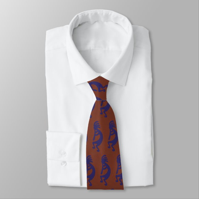 Flute Playing Kokopelli Figure - Blue on Rust Red  Tie (Tied)