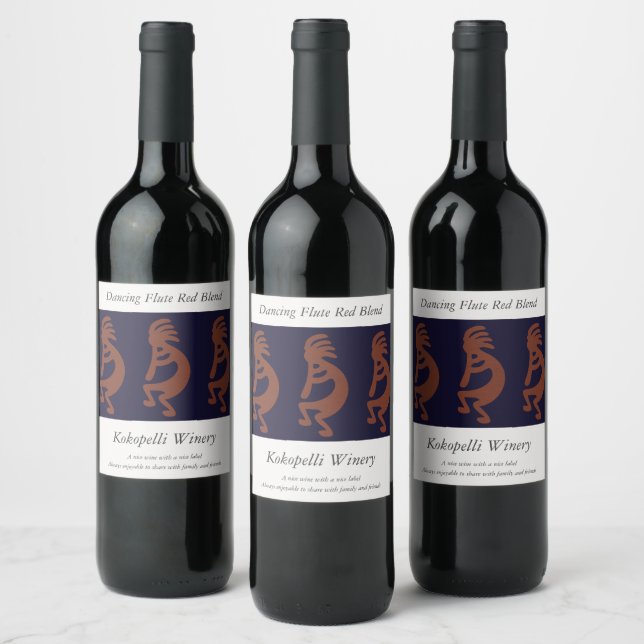 Flute Playing Kokopelli Figure - Blue on Rust Red  Wine Label (Bottles)