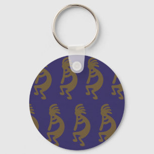 Flute Playing Kokopelli Figure - Green on Blue Key Ring