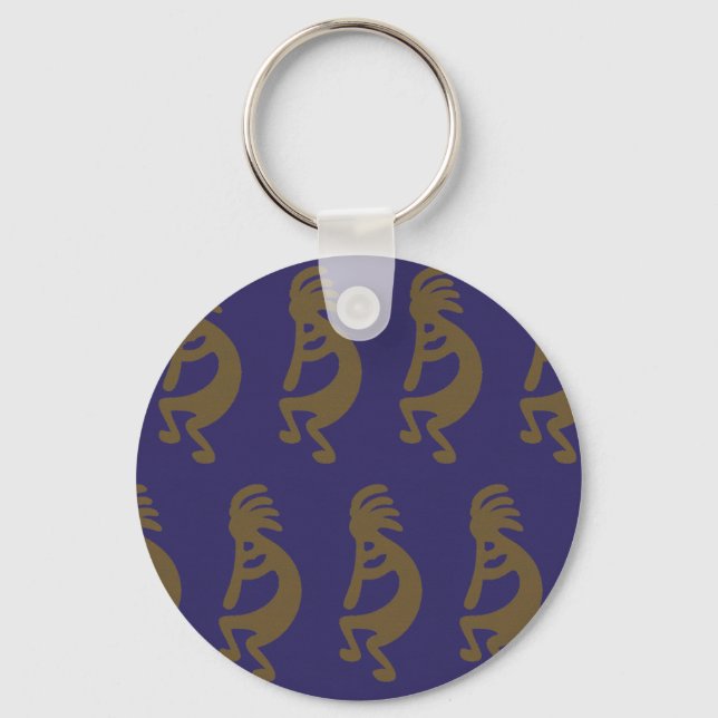 Flute Playing Kokopelli Figure - Green on Blue Key Ring (Front)