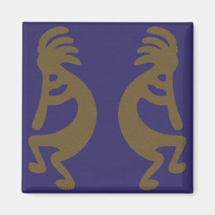 Flute Playing Kokopelli Figure - Green on Blue Magnet