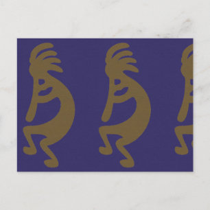 Flute Playing Kokopelli Figure - Green on Blue Postcard