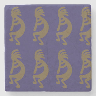 Flute Playing Kokopelli Figure - Green on Blue Stone Coaster