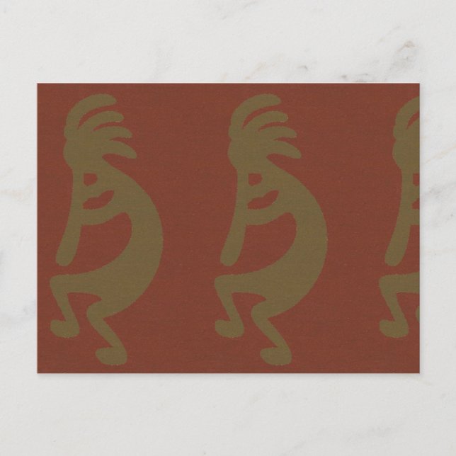 Flute Playing Kokopelli Figure, Green on Rust Red Postcard (Front)