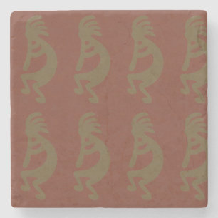 Flute Playing Kokopelli Figure, Green on Rust Red Stone Coaster