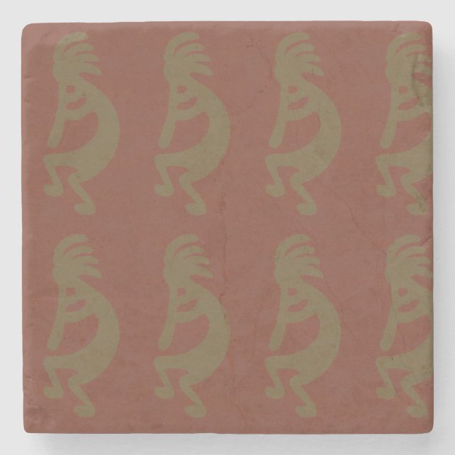 Flute Playing Kokopelli Figure, Green on Rust Red Stone Coaster (Front)