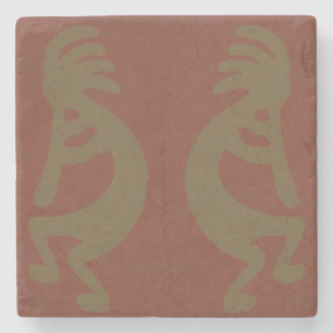 Flute Playing Kokopelli Figure, Green on Rust Red Stone Coaster