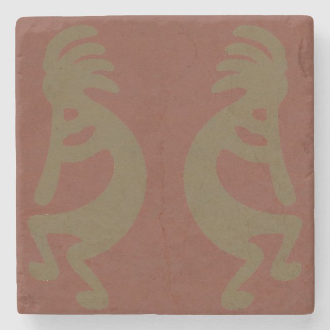 Flute Playing Kokopelli Figure, Green on Rust Red Stone Coaster (Front)