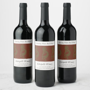 Flute Playing Kokopelli Figure, Green on Rust Red Wine Label