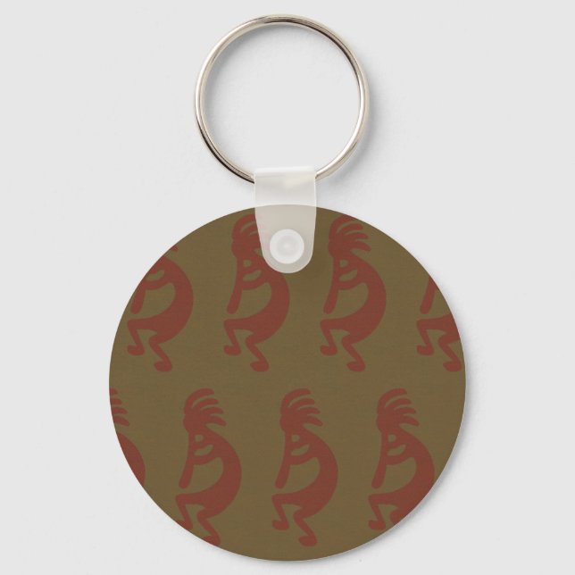 Flute Playing Kokopelli Figure - Red on Green Key Ring (Front)