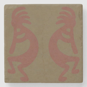 Flute Playing Kokopelli Figure - Red on Green Stone Coaster