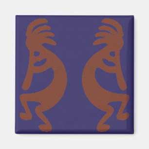 Flute Playing Kokopelli Figure - Rust Red on Blue Magnet