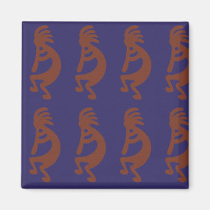 Flute Playing Kokopelli Figure - Rust Red on Blue Magnet