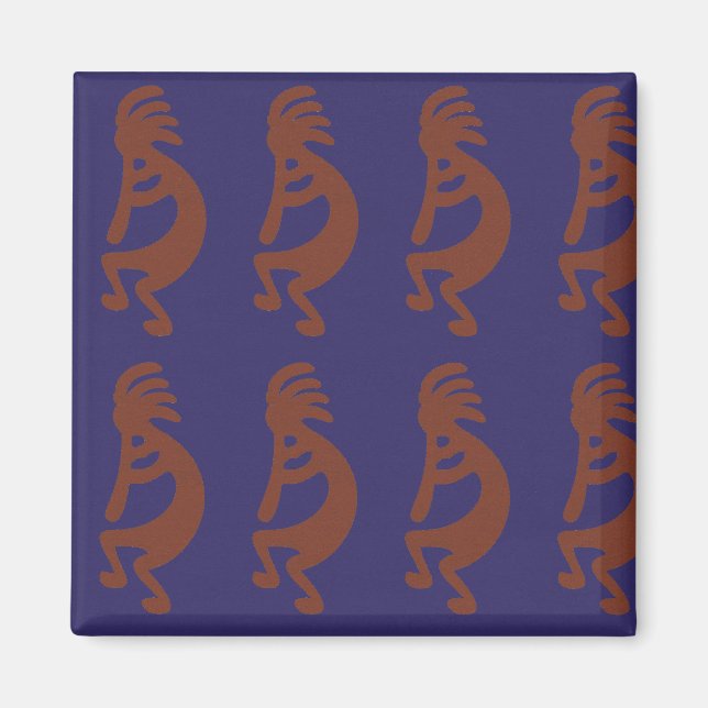 Flute Playing Kokopelli Figure - Rust Red on Blue Magnet (Front)